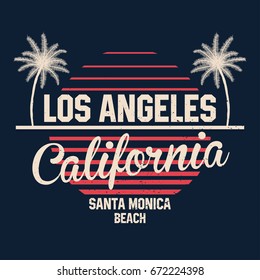 80s style vintage California typography. Retro t-shirt graphics with tropical paradise scene and tropic palms. Vector