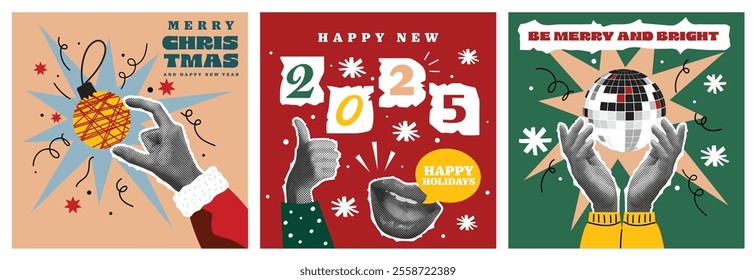 80s style vintage halftone collage warm Christmas Season's Greeting cards set. Paper stickers of hands holding a Christmas tree toy, a jSmiley with Santa hat and hand with ornament ball. Vector Illust