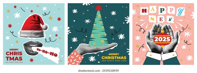 80s style vintage halftone collage warm Christmas Season's Greeting cards set. Paper stickers of hands holding a Christmas tree toy, a jornament and present boxes in paper gift bag. Vector