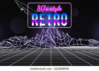 80s style wireframe background. Music retro template. Landscape with neon title. Lightning, stars, planets, space. Vector illustration