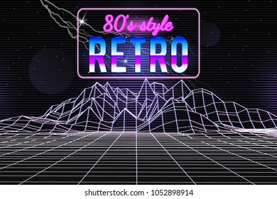 80s style wireframe background. Music retro template. Landscape with neon title. Lightning, stars, planets, space. Vector illustration