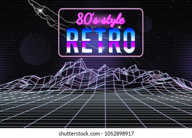 80s style wireframe background. Music retro template. Landscape with neon title. Lightning, stars, planets, space. Vector illustration