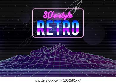 80s style wireframe background. Music retro template. Landscape with neon title. Lightning, stars, planets, space. Vector illustration