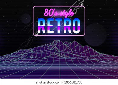 80s style wireframe background. Music retro template. Landscape with neon title. Lightning, stars, planets, space. Vector illustration