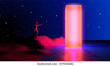 80s styled landscape with human reaching out to touch mysterious neon shiny obelisk. Sci-fi abstract background with esotheric theme in blue and purple synthwave or retrowave colors