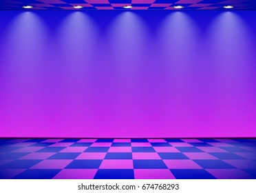 80s styled vapor wave room with blue and purple wall