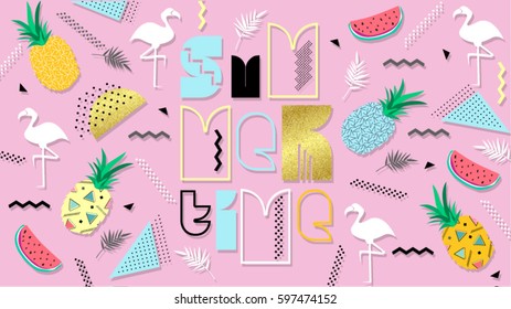 80s, summer color poster and banner in trendy 80s-90s Memphis style. Vector texture colorful design with watermelon, pineapple, letter, flamingo for web. Easy editable for Your design.