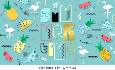 80s, summer color poster and banner in trendy 80s-90s Memphis style. Vector texture colorful design with watermelon, pineapple, letter, flamingo for web. Easy editable for Your design.