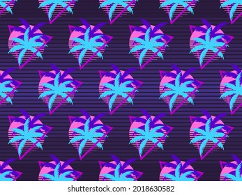 80s sunset with palm trees seamless pattern. Retro futuristic sun. Synthwave and retrowave style. Design for advertising brochures, banner and print. Vector illustration