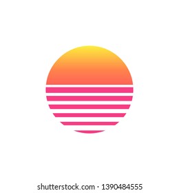 80s sunset retro neon background. 90s poster electro sun space vintage grid sunset icon.