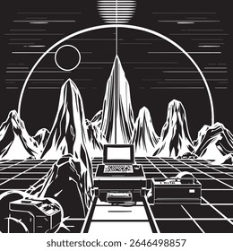 80s synth aesthetics concept with computer black and white vector illustration.
