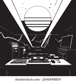 80s synth aesthetics concept with computer black and white vector illustration.