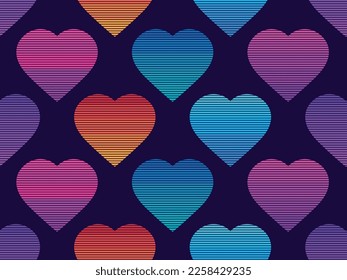 80s synthwave style hearts seamless pattern. Retro futuristic Valentine's Day hearts. Design for banners, posters and greeting cards. Vector illustration