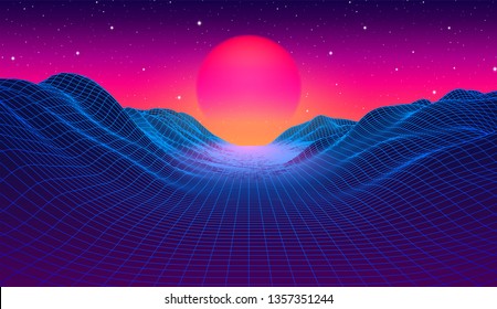 80s Synthwave Styled Landscape With Blue Grid Mountains And Sun Over Arcade Space Planet Canyon