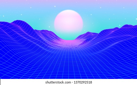 80s synthwave styled landscape with blue grid mountains and sun over arcade space planet canyon