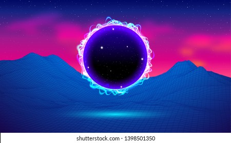 80s synthwave styled landscape with blue portal to another dimension or black electric hole and grid mountains on arcade space planet