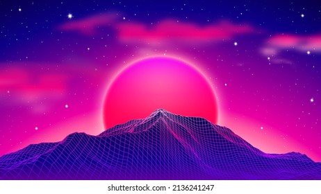 80s Synthwave Styled Landscape With Blue Grid Mountains Peak And Purple Sun With Clouds