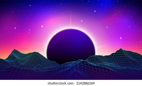 80s synthwave styled landscape with blue grid mountains peak and black sun with aurora in the sky. Futuristic landscape for party poster