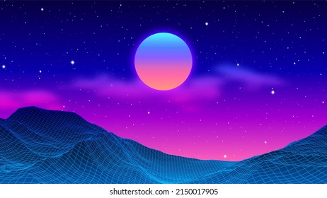 80s Synthwave Styled Landscape With Blue Grid Mountains Peak And Sun With Clouds.