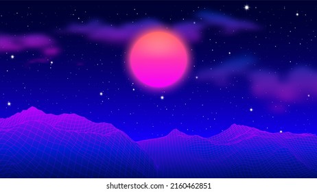 80s synthwave styled landscape with blue grid mountains peak and sun with clouds.