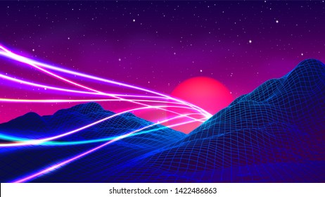 80s synthwave styled landscape with laser neon lines or traces over blue grid mountains and sun over arcade space planet canyon