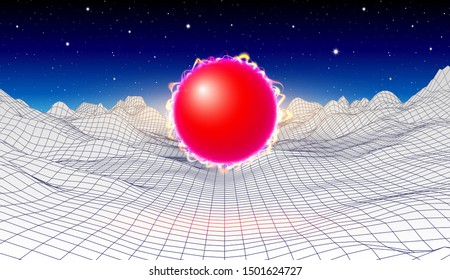 80s synthwave styled landscape with red power or plasma ball and grid mountains on arcade space planet