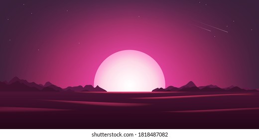 80s synthwave styled landscape with sun. Retro futuristic glowing background. Vector illustration.