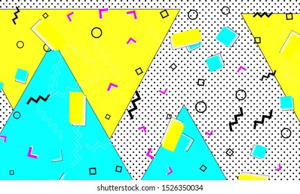80s Trendy Composition. Triangle Banner. Vector Flyer. Lemon Backdrop. Cartoon Poster. Cyan Elements. Contemporary Decor.