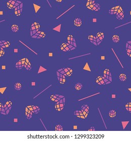 80s vector seamless pattern with hearts and geometric motifs. Colored hearts, Valentines day background. Vector Abstract pattern in the Memphis style. Retro style design for print