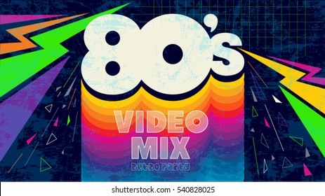 80's video mix. Retro style 80s disco design neon. 80 s party, 80's fashion, 80s background, 80s graphic, 80s style, light disco party 1980, club vintage, dance night. Easy editable for Your design.