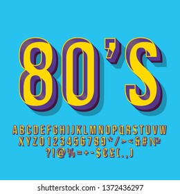 80s vintage 3d vector lettering. Retro bold font, typeface. Pop art stylized text. Old school style letters, numbers, symbols pack. 90s poster, banner, typography design. Blue color background