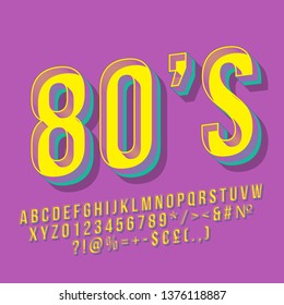 80s vintage 3d vector lettering. Retro bold font, typeface. Pop art stylized text. Old school style letters, numbers, symbols pack. 90s poster, banner, typography design. Purple color background