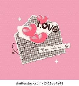 80s Vintage banner for Valentine's day. Halftone envelope with flying out hearts. Collage with cut out symbols of Valentine's day. Vector illustration with doodles.