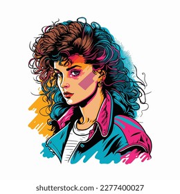 80s vintage girl colorful illustration