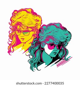 80s vintage girl colorful illustration