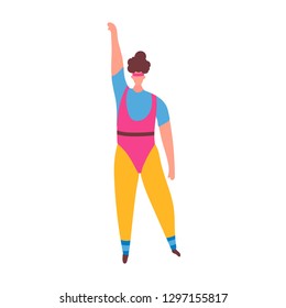 80s Years Woman Girl In Aerobics Outfit Doing Workout Shaping Isolated On White Background. Trendy 80-s Years Retro Sport Clothing. Vector Illustration In Cartoon Style