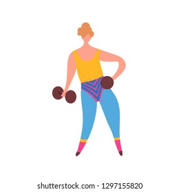 80s Years Woman Girl In Aerobics Outfit Doing Workout Shaping With Dumbbells In Hand Isolated On White Background. Trendy 80-s Years Retro Sport Clothing. Vector Illustration In Cartoon Style