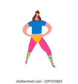 80s Years Woman Girl In Aerobics Outfit Doing Workout Shaping Isolated On White Background. Trendy 80-s Years Retro Sport Clothing. Vector Illustration In Cartoon Style