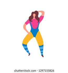 80s Years Woman Girl In Aerobics Outfit Doing Workout Shaping Isolated On White Background. Trendy 80-s Years Retro Sport Clothing. Vector Illustration In Cartoon Style