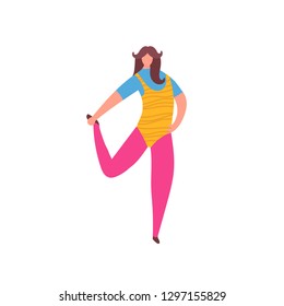 80s years woman girl in aerobics outfit doing workout shaping isolated on white background. Trendy 80-s years retro sport clothing. Vector illustration in cartoon style