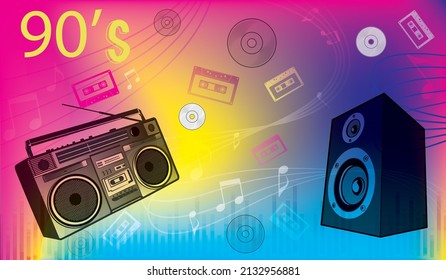 80s-90s music poster with tape recorder and speakers illustration