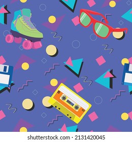 80s-90s pattern with rollerskates, sunglasses, cassette and diskette. Vetcor semaless pattern or background