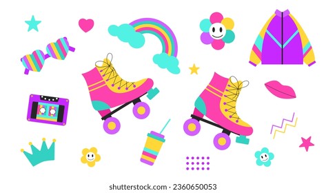 80s-90s retro style elements. Retro items in neon colors. Cute retro stickers for design. Vector flat illustration.