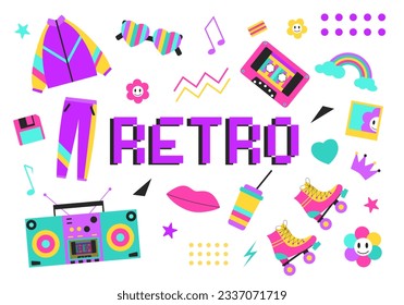 80s-90s retro style set. Retro items in neon colors. Modern flat illustration.