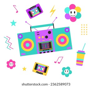 80s-90s retro style set. Retro items in neon colors. Vector flat illustration isolated on a white background.