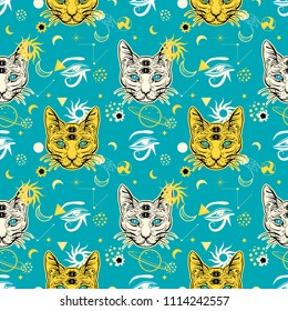 80s-90s style seamless pattern with cat. Fashion mystic background.