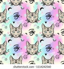 80s-90s style seamless pattern with cat. Fashion mystic background.