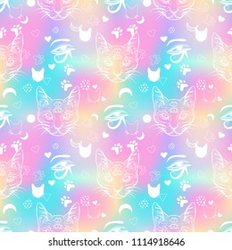 80s-90s style seamless pattern with cat. Fashion mystic background.