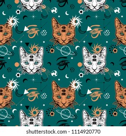 80s-90s style seamless pattern with cat. Fashion mystic background.