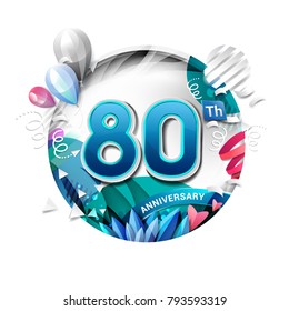 80th anniversary background with balloon and confetti on white. 3D paper style illustration. Poster or brochure template. Vector illustration.